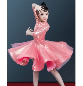 Girls Kids Royal Blue Pink Yellow Silver Glitter Ballroom Latin Dance Dresses Professional Salsa Chacha Performance skirts outfits for kids